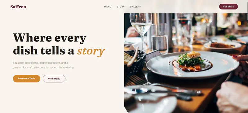 Saffron, a bistro concept with bold serif type and a plated dish