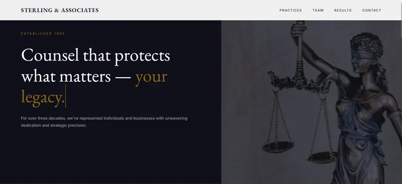 Sterling and Associates, a law firm concept with a dark navy split hero and a bronze statue