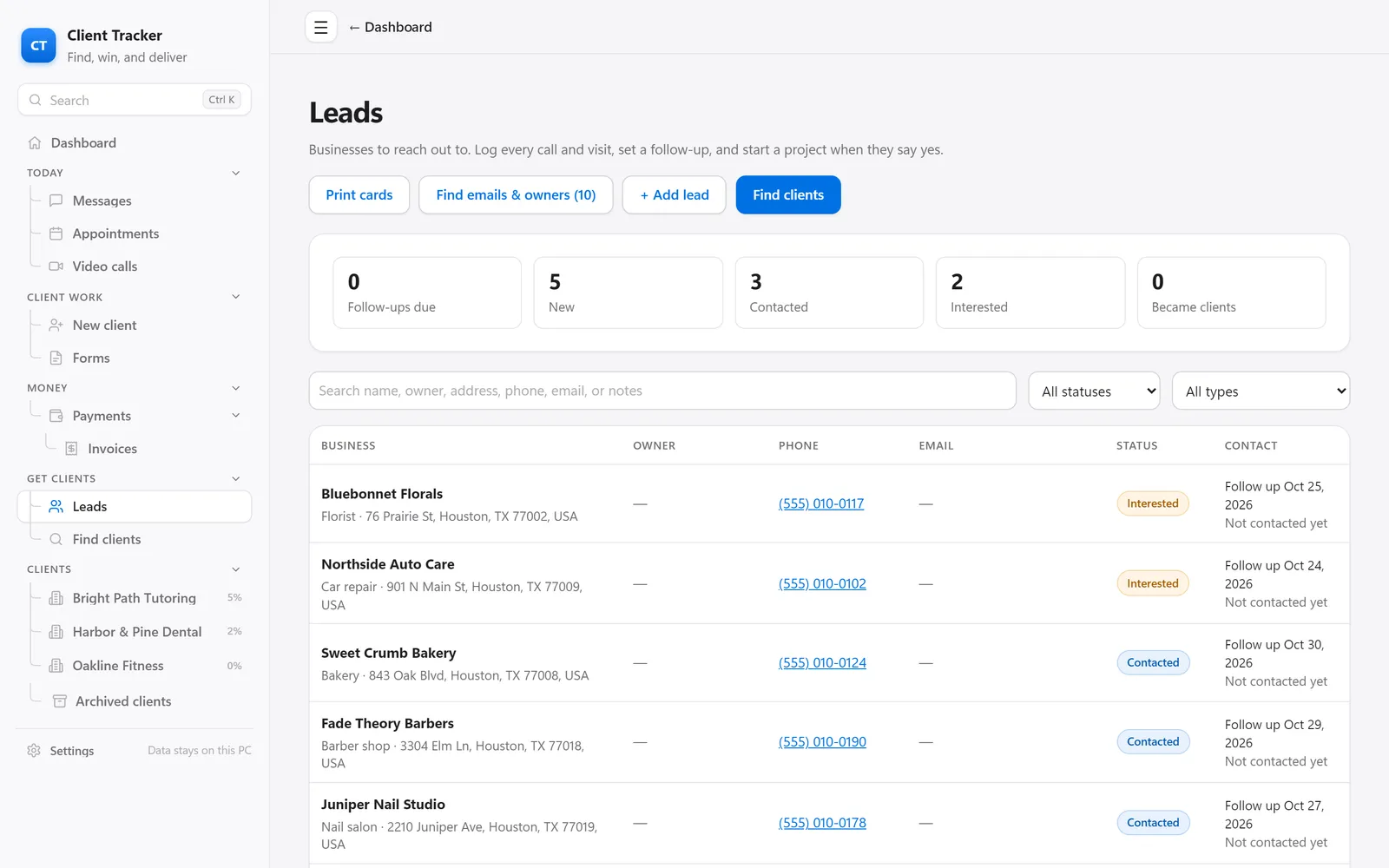 Client Tracker leads list: local businesses with their phone, status and follow-up dates